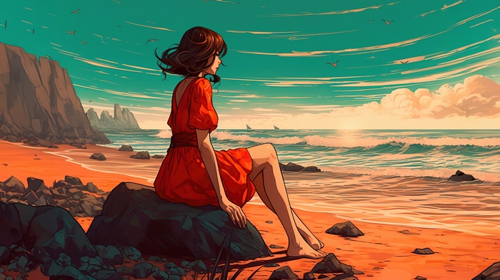 Woman in red dress on beach at sunset