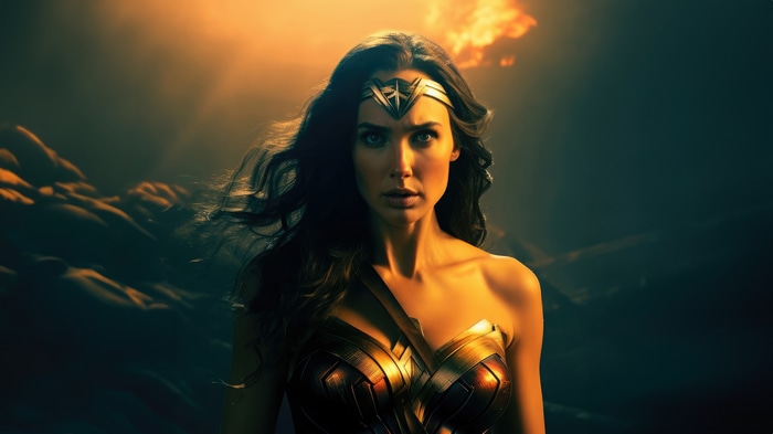 Wonder Woman in a dramatic, fiery sky
