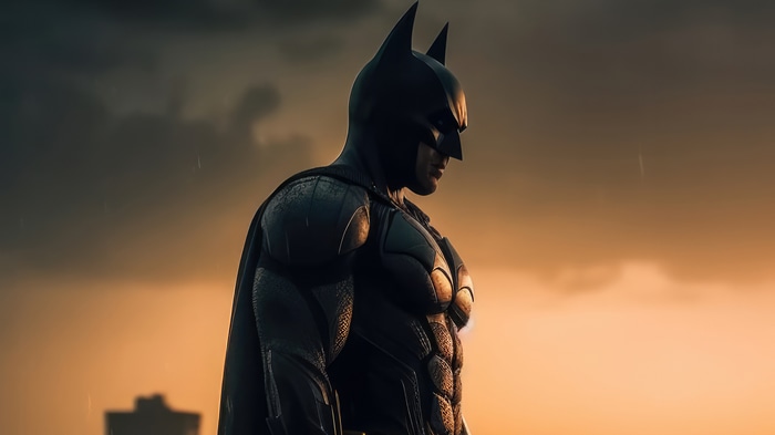 Batman standing in the rain at sunset