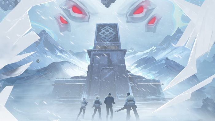 Valorant characters in a snowy landscape with a large structure