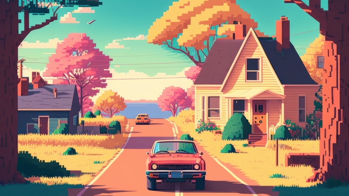 Pixel Art Suburban Street with Cars and Houses