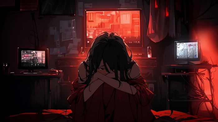 Anime girl sitting in a room with monitors