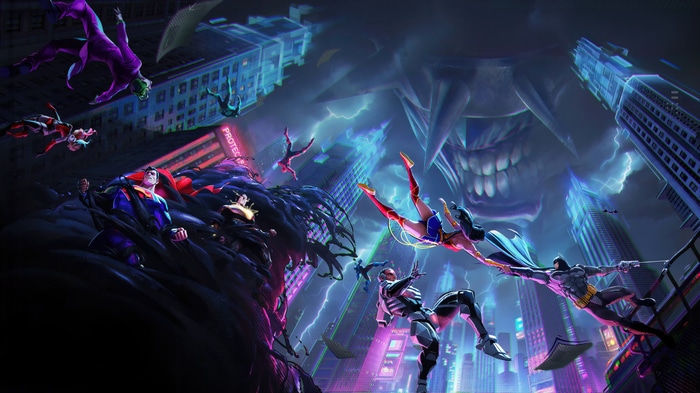 DC Comics Characters Fighting in a Dark Cityscape
