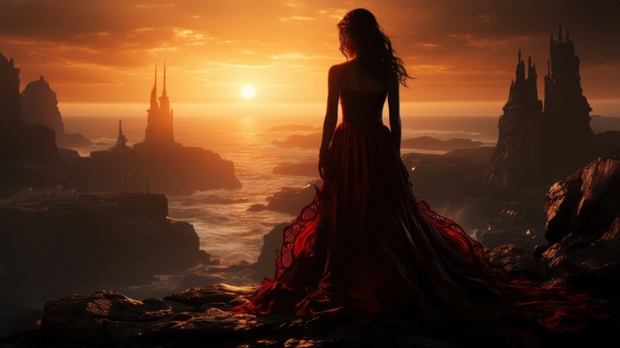 Woman in red dress overlooking ocean at sunset with castles