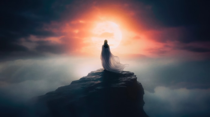 Artwork of a figure on a cliff at sunset 4K