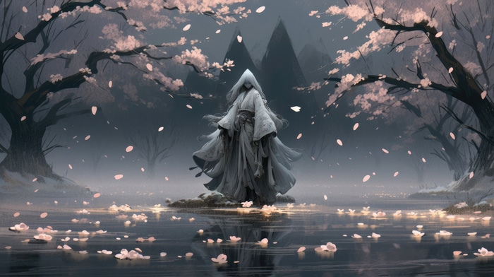 Anime artwork of a cloaked figure by a lake