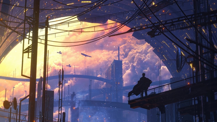 Cyberpunk Sci-fi Artwork with Flying Vehicles