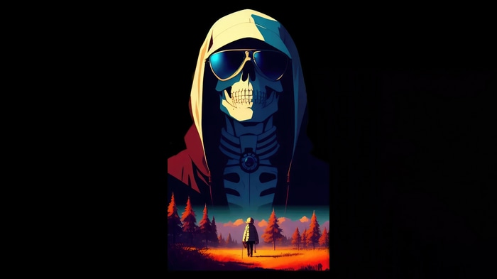 Artwork of a skeleton in a hoodie and sunglasses