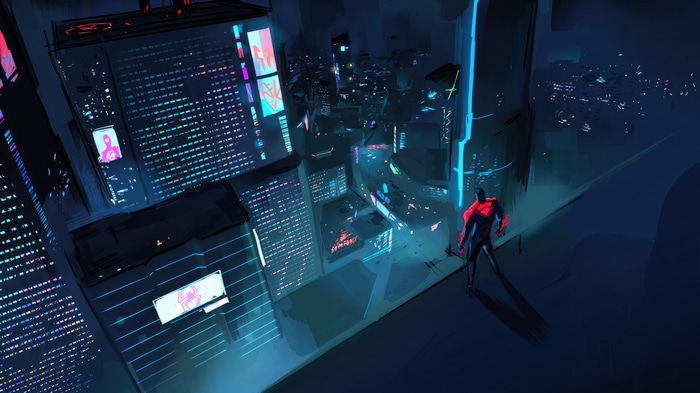 Spider-Man 2099 overlooking a neon city