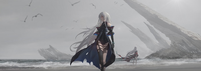 Arknights anime girls on a rocky beach