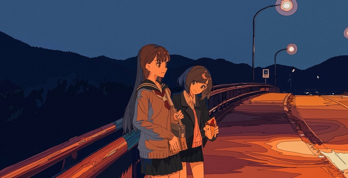 Anime girls walking on a bridge at dusk
