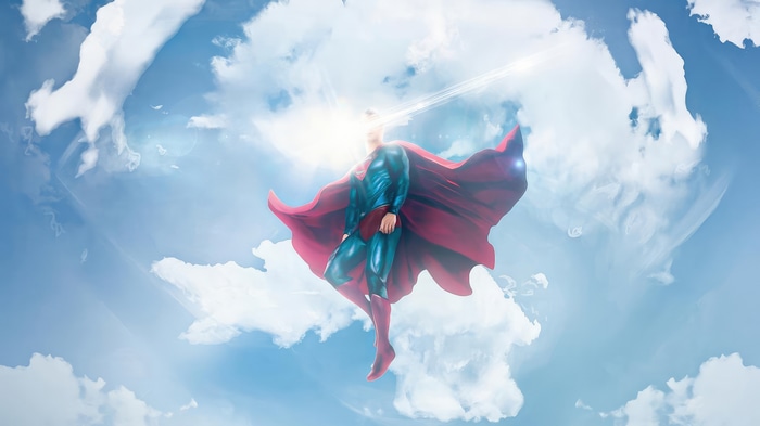 Superman flying in the sky with heat vision