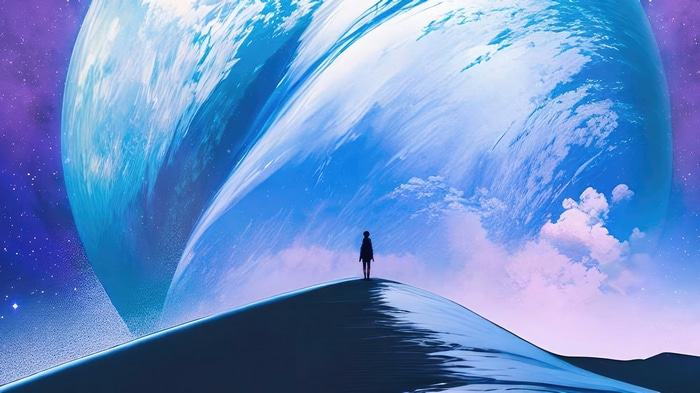 Artwork of a person standing on a dune looking at a planet