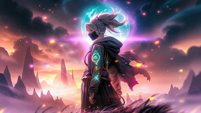Anime girl with mask and glowing symbols