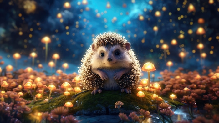 Cute hedgehog in a magical forest with glowing mushrooms