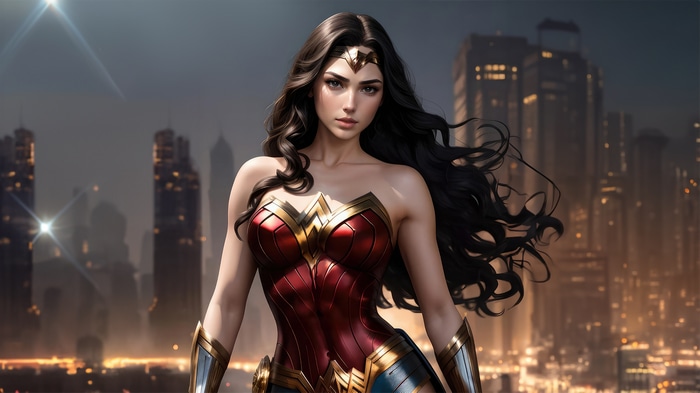 Wonder Woman in a city at night
