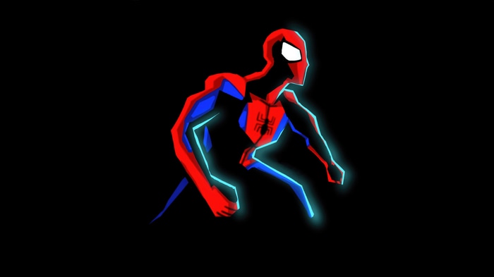 Spider-Man in a stylized red and blue suit with neon blue outlines