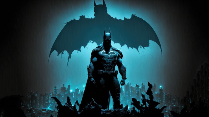 Batman standing in front of Gotham City skyline