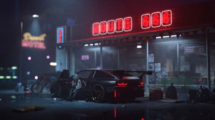 Route 66 Motel with Woman and Sports Car