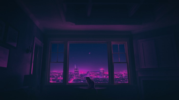 Cat looking at a synthwave city at night
