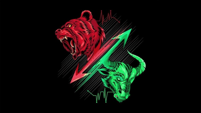 Red Bear and Green Bull with Stock Market Arrows