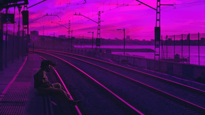 Synthwave train station with a lone figure