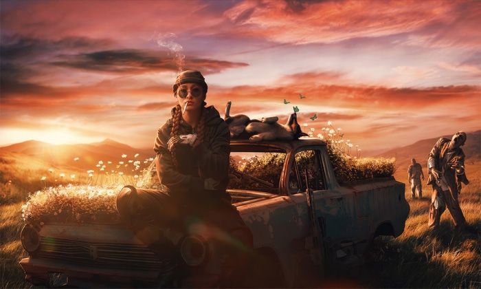 Artwork of a woman and dog in a post-apocalyptic landscape
