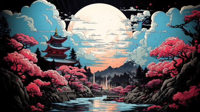Japanese Pagoda with Cherry Blossoms and Full Moon