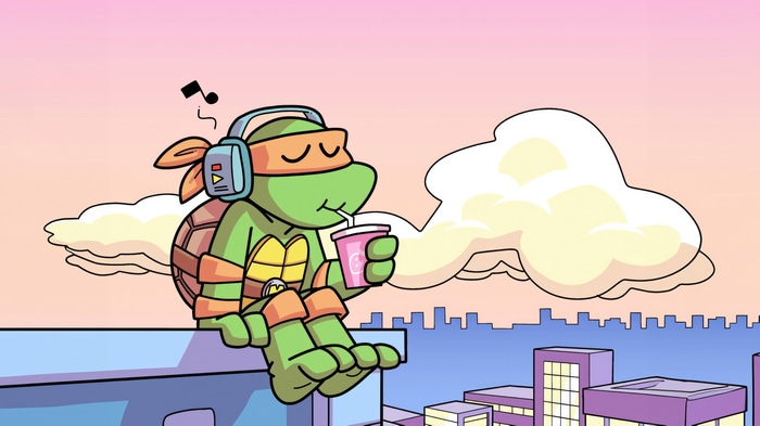 Michelangelo from Teenage Mutant Ninja Turtles listening to music