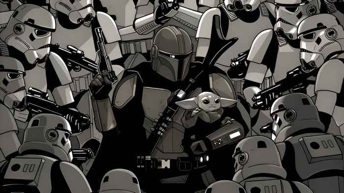The Mandalorian and Grogu surrounded by Stormtroopers