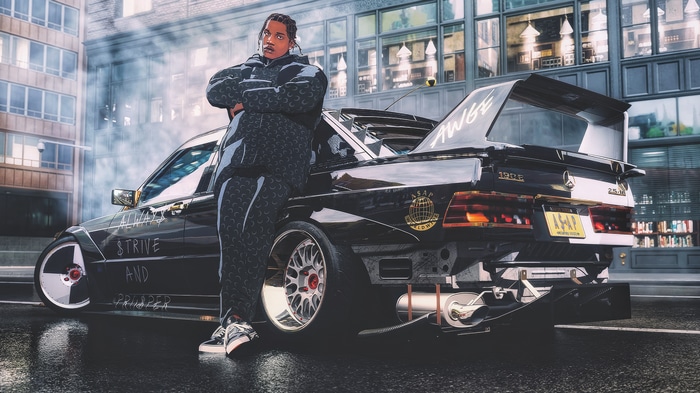A$AP Rocky leaning on a Mercedes-Benz 190E 2.3-16 in Need for Speed Unbound 4K