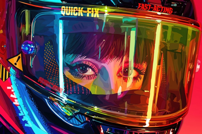Artwork of a person wearing a helmet with "QUICK FIX" and "FAST-ACTING" text