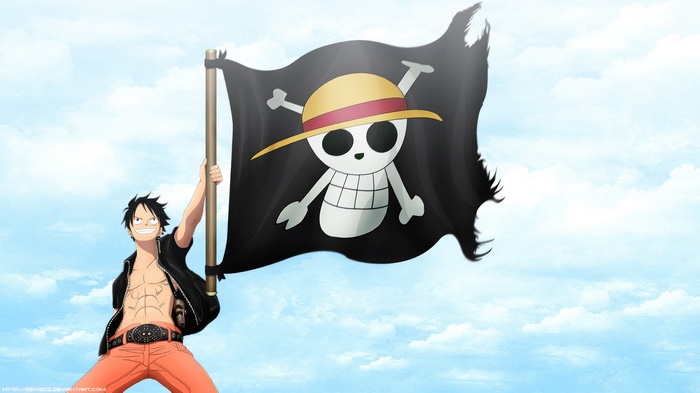 Monkey D. Luffy holding a pirate flag
