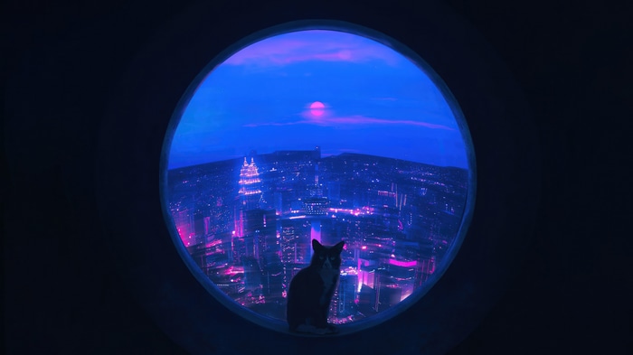 Cat overlooking a neon city at night