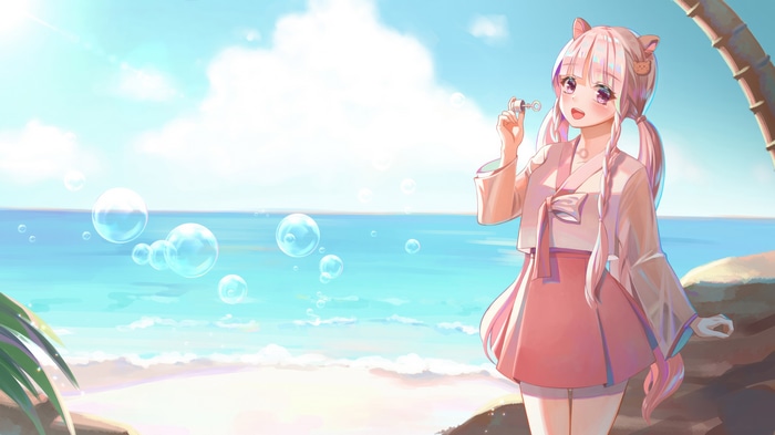Anime girl blowing bubbles at the beach