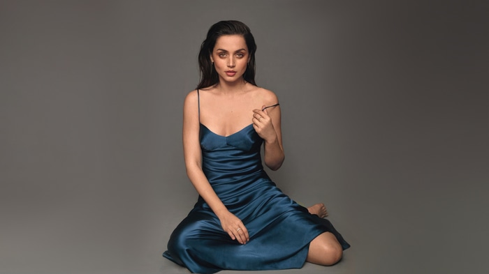 Ana de Armas in a blue satin dress