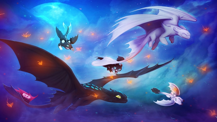 Night Fury Dragons Flying in a Dreamy Night Sky