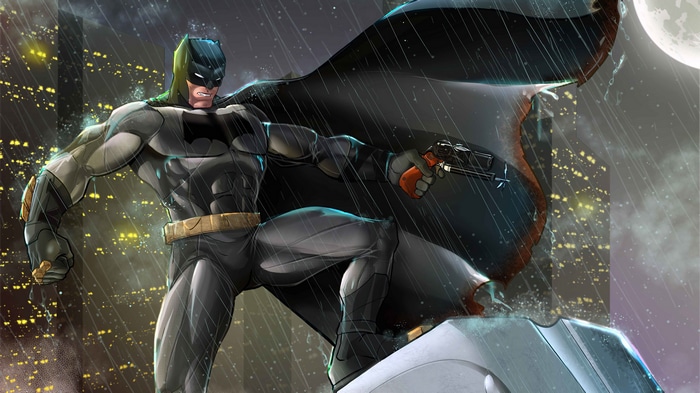Batman holding a gun in the rain