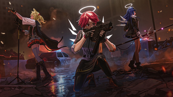 Anime girls with halos and weapons in a destroyed city