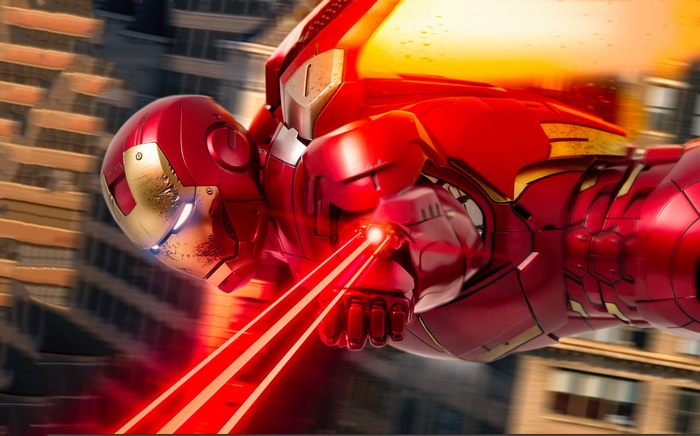 Iron Man firing repulsor rays in a city