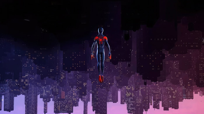 Spider-Man floating above a city at night