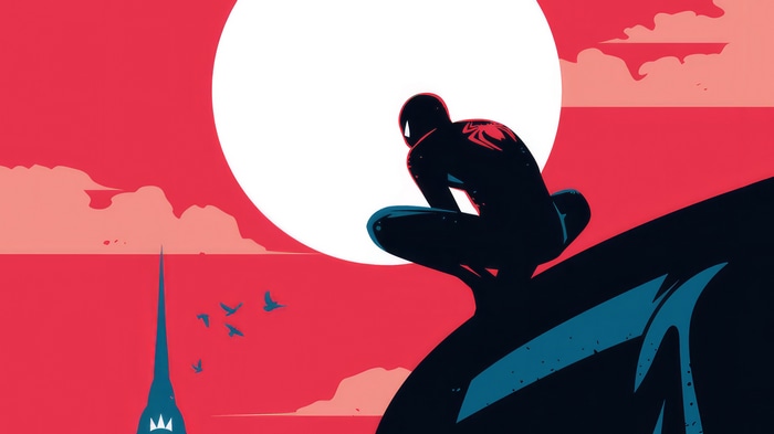 Spider-Man sitting on a cliff overlooking a city