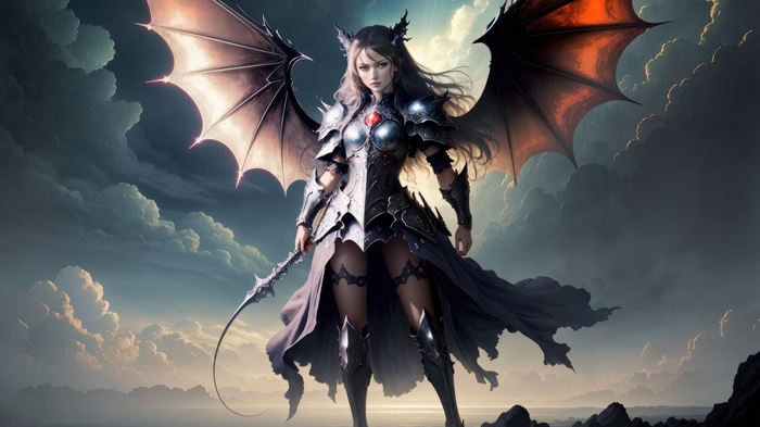 Dragon-winged warrior in dark armor