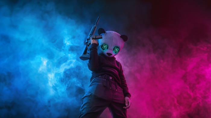 Panda with a gun and glowing eyes