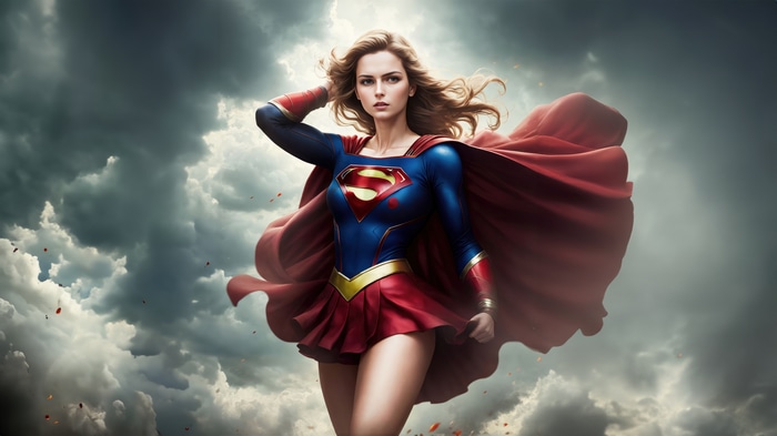 Supergirl in a red cape against a stormy sky