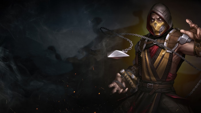 Scorpion from Mortal Kombat with a chain weapon