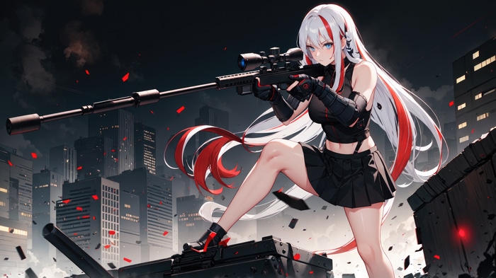 Anime girl with sniper rifle in city