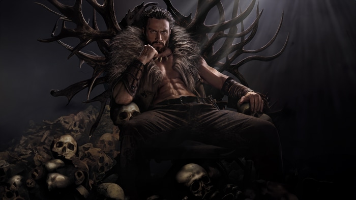 Kraven the Hunter sitting on a throne of skulls
