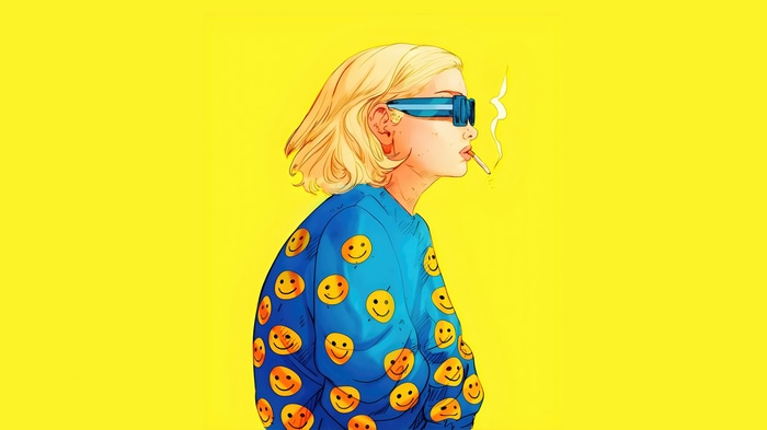 Girl with smiley face hoodie and sunglasses smoking