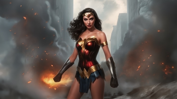 Wonder Woman in a smoky, fiery cityscape